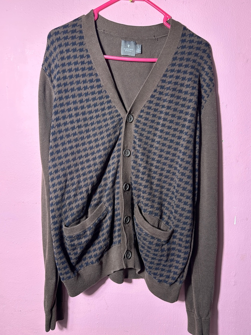 Men's Brown & Navy Houndstooth V-Neck Cardigan